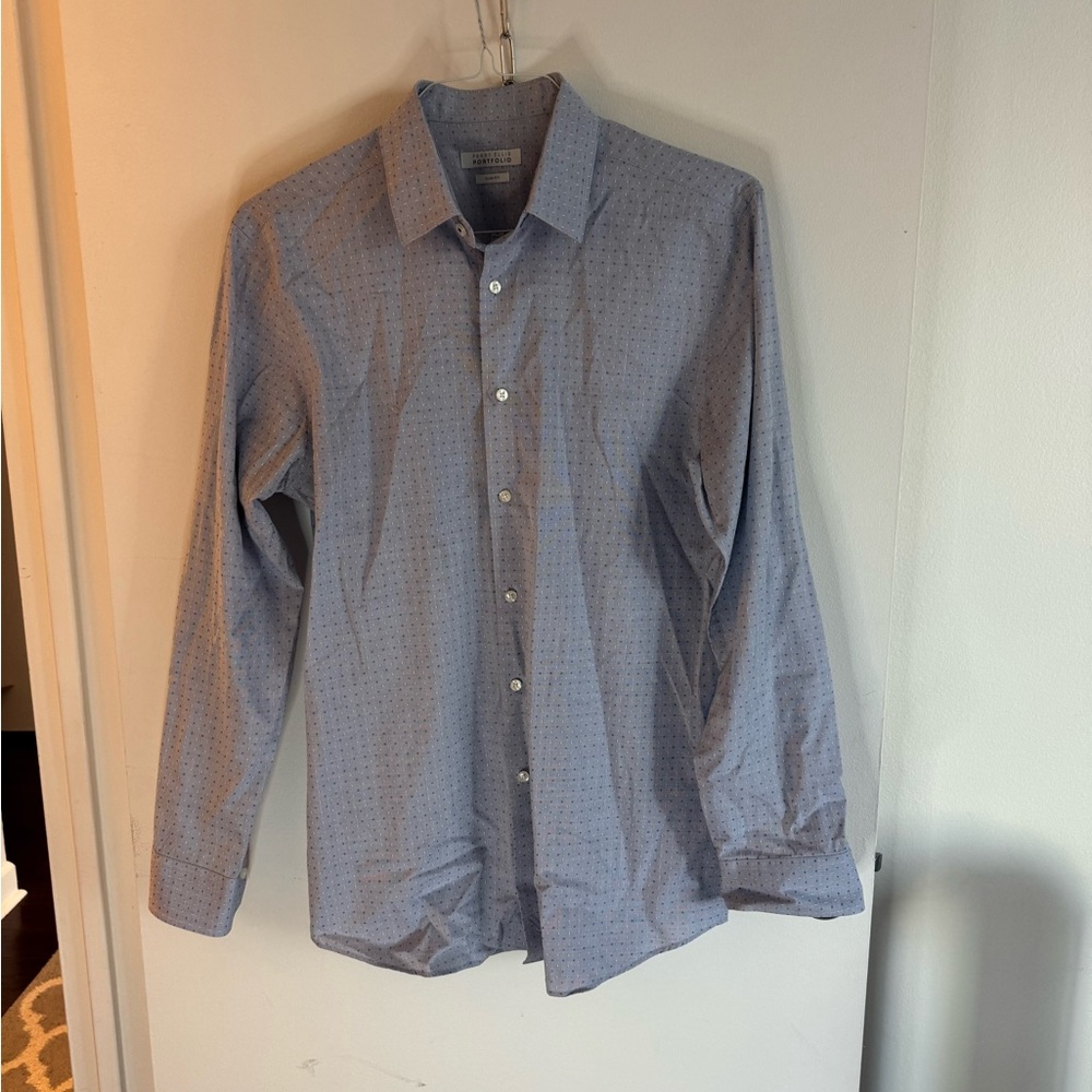 Perry Ellis Portfolio Men's Blue Patterned Shirt Medium Slim Fit 15.5. 34/35